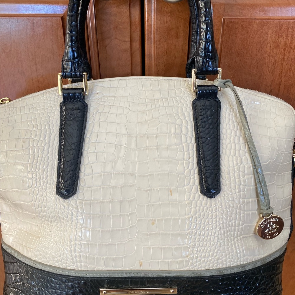 Brahmin Croc-Embossed Satchel in Ivory and Black